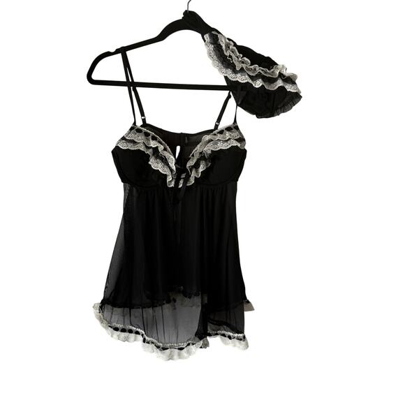 Cassandra Intimates Babydoll Lingerie Womens Small Black Sheer Lace Ruffle Set - Picture 1 of 9